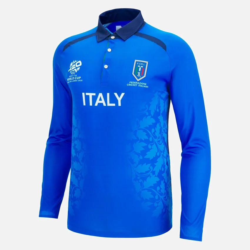 Camicie da partita a maniche lunghe della Federazione Italiana Cricket per la Coppa del Mondo 2026 Camicie da partita a maniche lunghe della Federazione Italiana Cricket per la Coppa del Mondo 2026